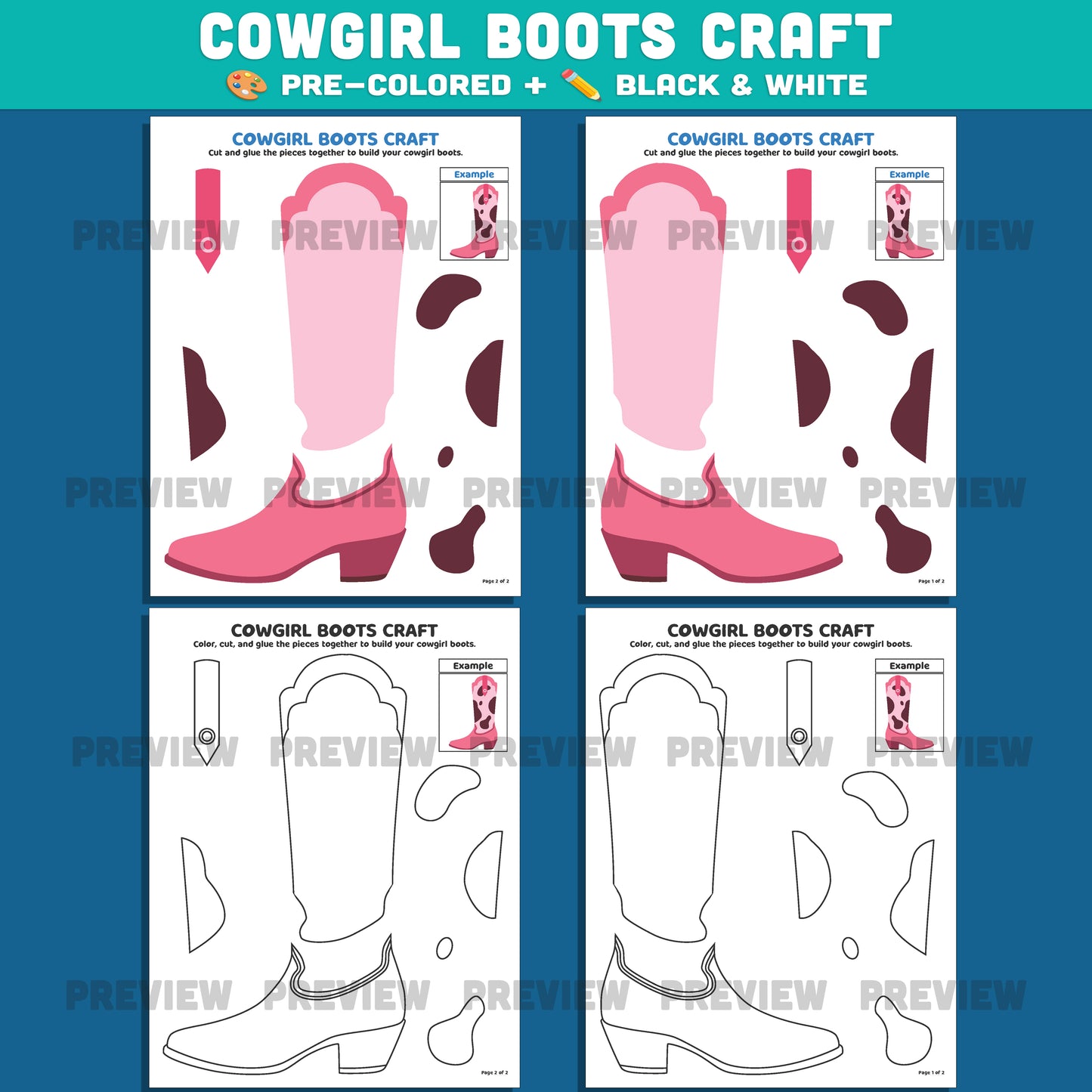 Cowboy & Cowgirl Boots Craft, Printable Wild West Activity, Western Cut and Paste Templates, Summer Classroom Project, Back to School PDF