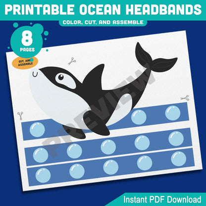 Printable Ocean Headbands Yellow Fin Tuna Orca Killer Whale Narwhal Sailfish Crown Hat Activity, Color Cut and Wear, Pre-color + Black and White