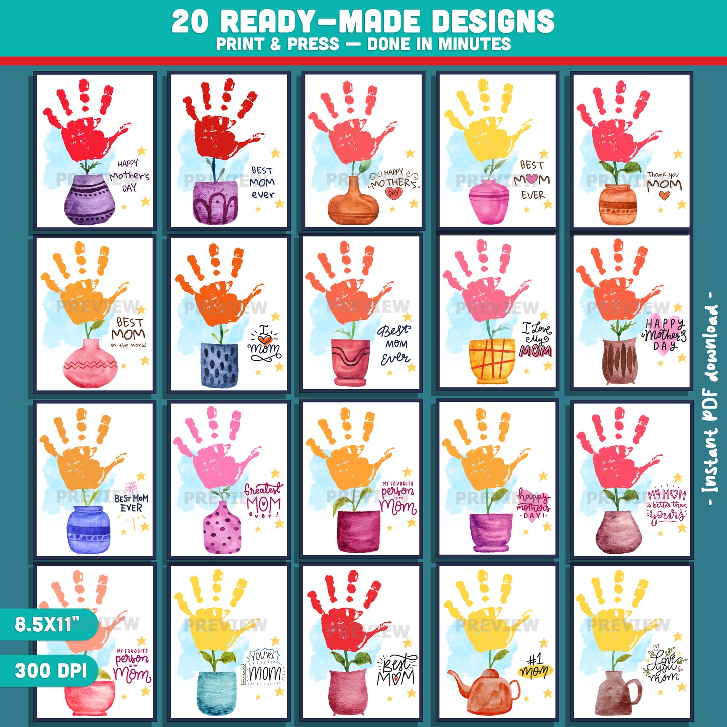 Mother’s Day Handprint Craft for Kids – Bloom Flower Pot Art, Printable Keepsake Gift from Kids, Classroom Craft for Mom, Nana, Grandma, 20 Templates