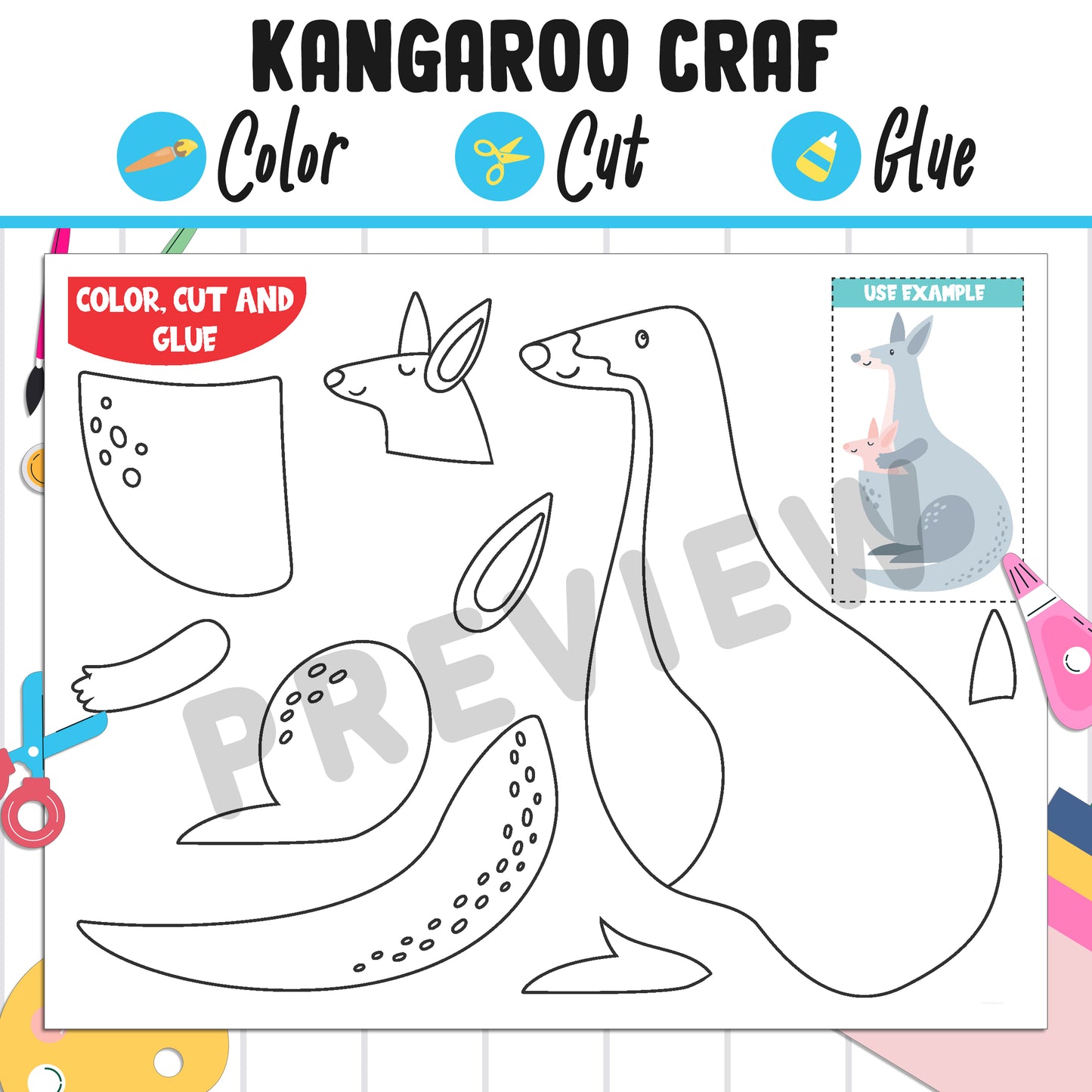 Kangaroo Craft for Kids: Color, Cut, and Glue, a Fun Activity for Pre K to 2nd Grade, PDF Instant Download