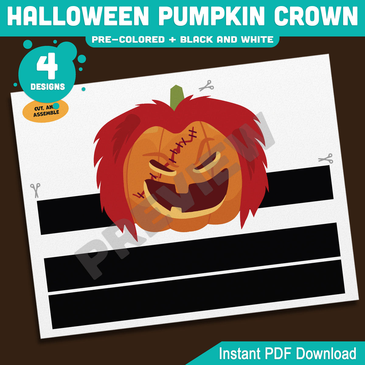 Halloween Pumpkin Crown, Printable Pumpkin Headband, Paper Hat Craft, Pre-Colored and Black & White, 4 Designs, Halloween Activity, A4, US Letter