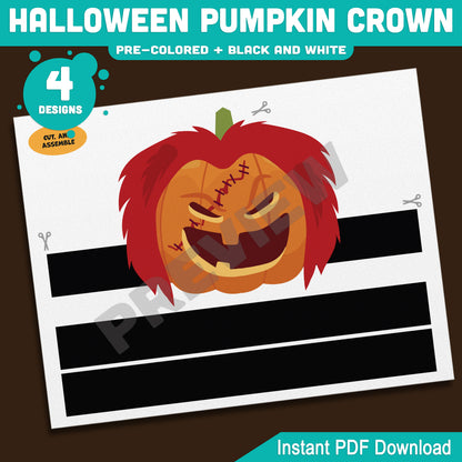 Halloween Pumpkin Crown, Printable Pumpkin Headband, Paper Hat Craft, Pre-Colored and Black & White, 4 Designs, Halloween Activity, A4, US Letter