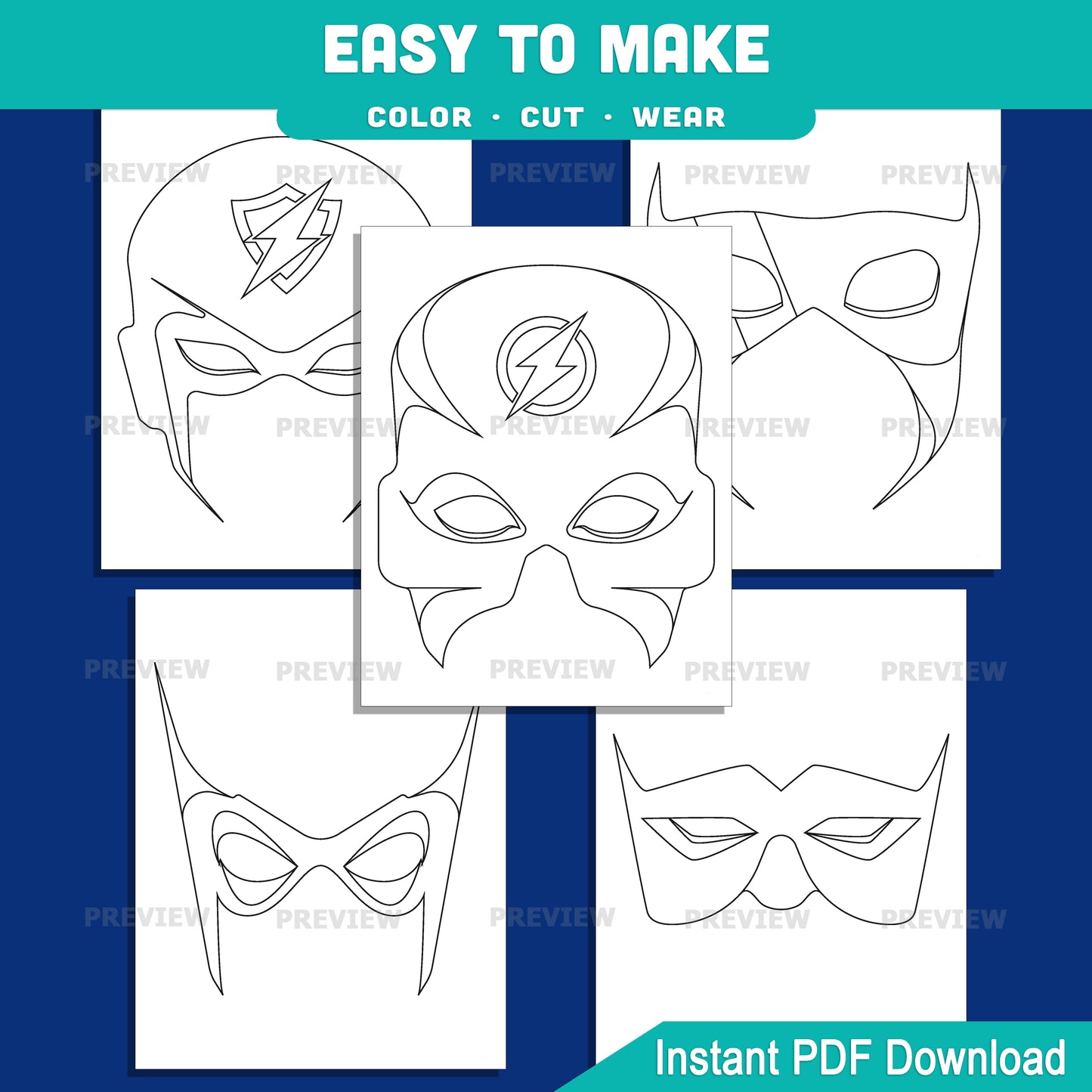 Superhero Mask Templates, Color Your Own Printable Masks, Cut & Wear Activity, Printable Wearable Masks, Instant PDF, US Letter, A4