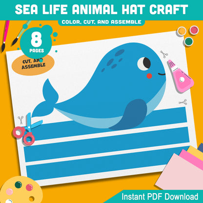 Ocean Animal Hat Templates: 4 Cute Designs Featuring Whale, Crab, Shark, Starfish for Kids’ Creative Crafts at Home or School, Instant PDF