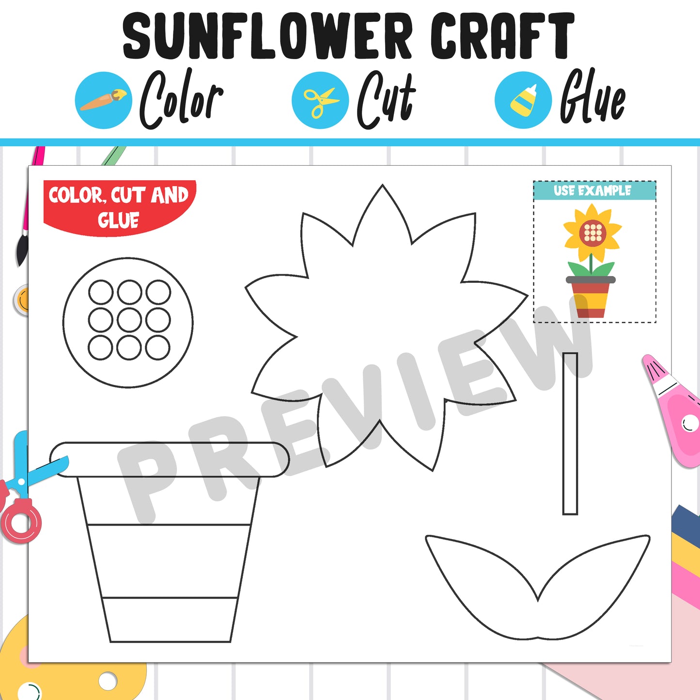 Sunflower Craft : Color, Cut, and Glue, a Fun Activity for Pre K to 2nd Grade, PDF Instant Download