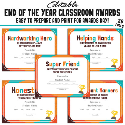 Editable Class Superlative End-of-Year Student Awards, 26 Pages, PDF, Instant Download – Perfect for Classroom and Student Achievements.