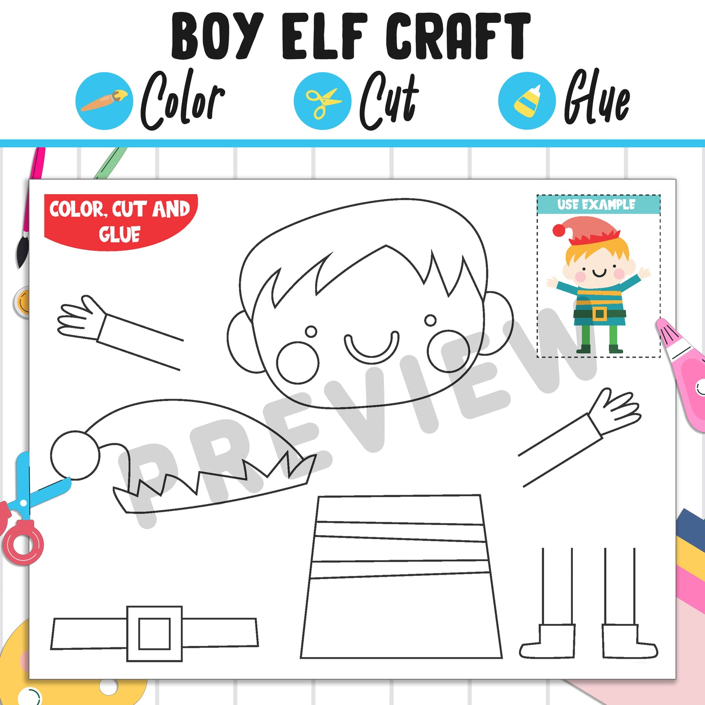 Cute Boy Elf Craft: Fun Christmas Activity for Kids, Color, Cut, and Glue, Pre K to 2nd Grade, PDF Instant Download