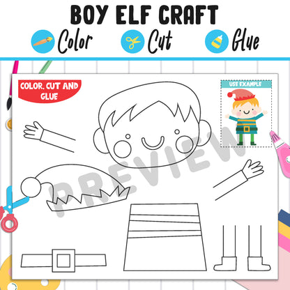 Cute Boy Elf Craft: Fun Christmas Activity for Kids, Color, Cut, and Glue, Pre K to 2nd Grade, PDF Instant Download