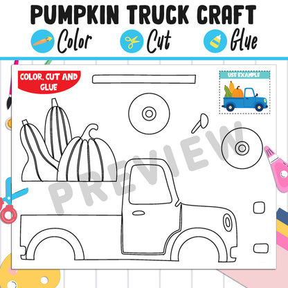 Pumpkin Truck Craft for Kids: Color, Cut, and Glue, a Fun Activity for Pre K to 2nd Grade, PDF Instant Download