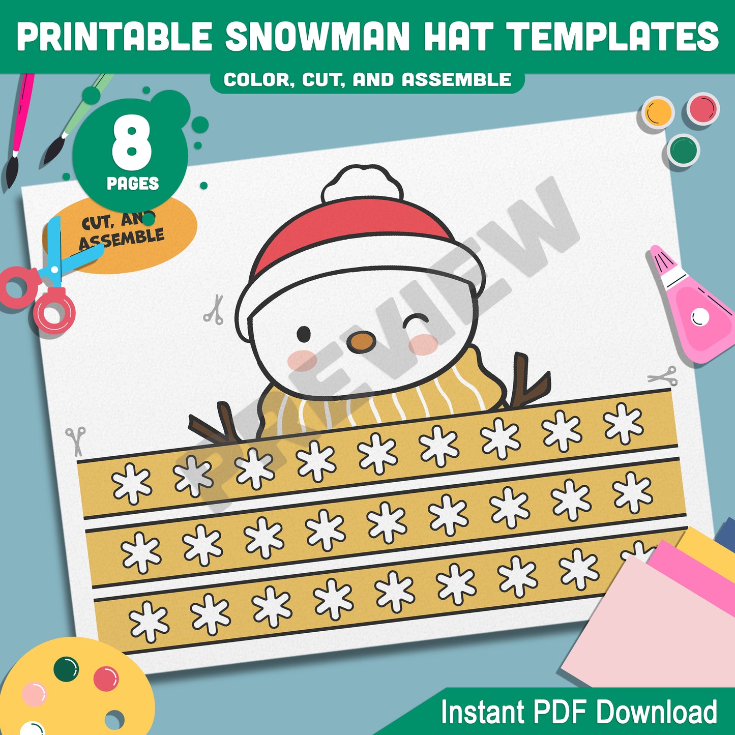 Christmas Snowman Hat Templates: Festive Craft for Kids with 4 Adorable Designs in Color and Black-and-White, Ready-to-Print PDF File.