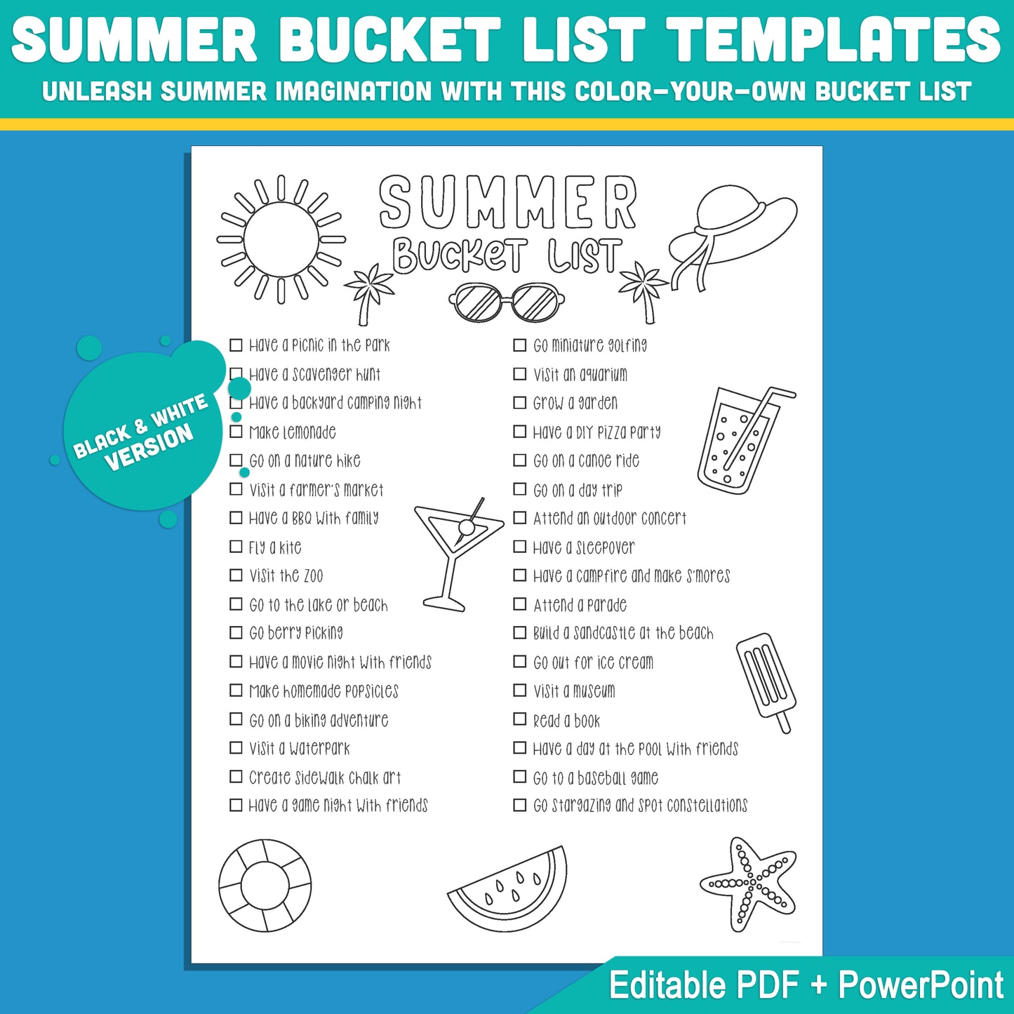 Summer Bucket List for Kids: Editable Printable Template in PDF & PowerPoint, Pre-Colored & Black & White Versions, 8.5x11, Instant Use