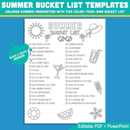 Summer Bucket List for Kids: Editable Printable Template in PDF & PowerPoint, Pre-Colored & Black & White Versions, 8.5x11, Instant Use