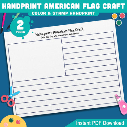 USA Handprint Flag Craft for Kids: Fun 4th of July Art Activity, 2 Printable Sheets in Color & Black and White, PDF Instant Download