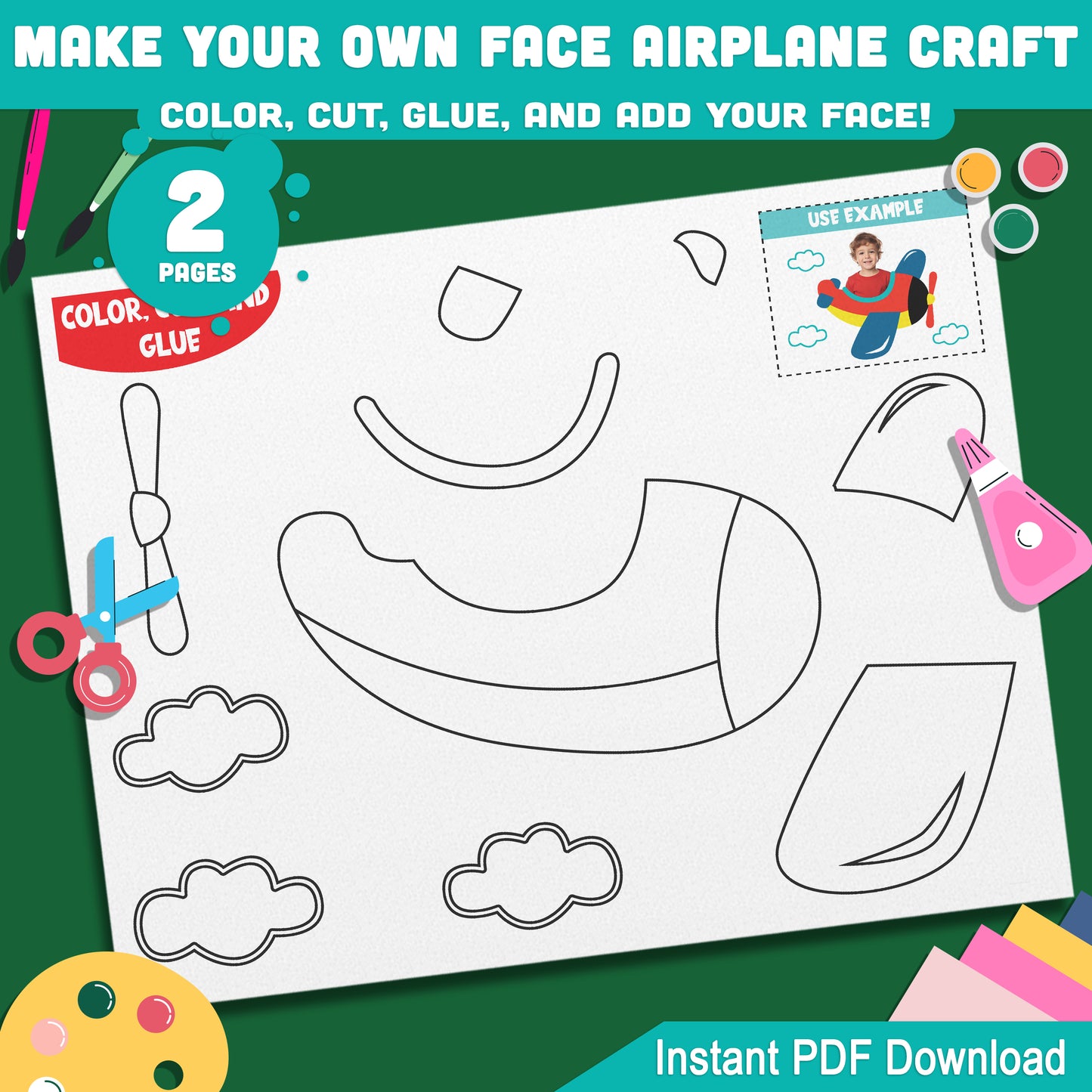 Make Your Own Face Airplane Craft: DIY Fun for Kids with Color, Cut, Glue, and Add Your Face, Perfect Creative Activity, Instant PDF Download