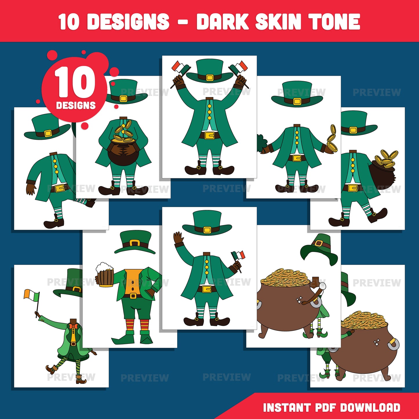 St. Patrick’s Day Body Clip Art - Leprechaun Add Your Own Face, Coloring Version Included, Fun Printable Craft for Kids