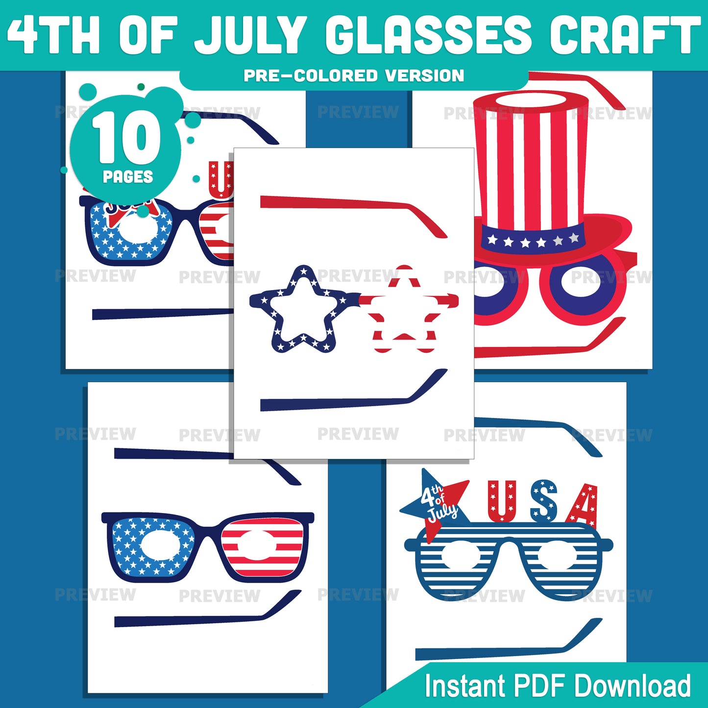 Printable 4th of July Glasses Craft, Independence Day Wearable Craft, Patriotic Kids Activity, Easy Summer Party Printable