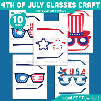 Printable 4th of July Glasses Craft, Independence Day Wearable Craft, Patriotic Kids Activity, Easy Summer Party Printable