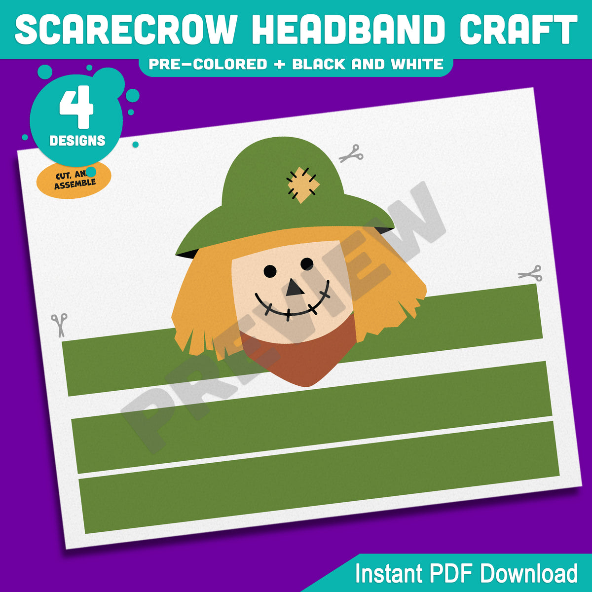 Scarecrow Headband Craft, Fall Paper Hat Activity, Printable Crown, Pre-Colored & Black and White, Autumn Craft for Kids, 4 Designs, A4, US Letter