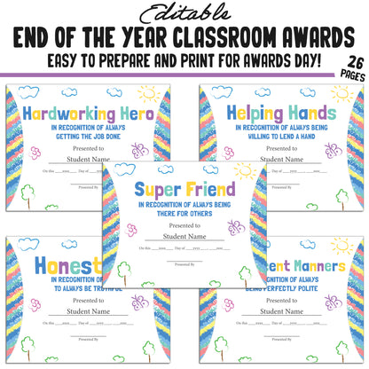 Editable End of Year Awards for Students, 26 Pages, PDF, Instant Download – Perfect for Classroom and Student Achievements