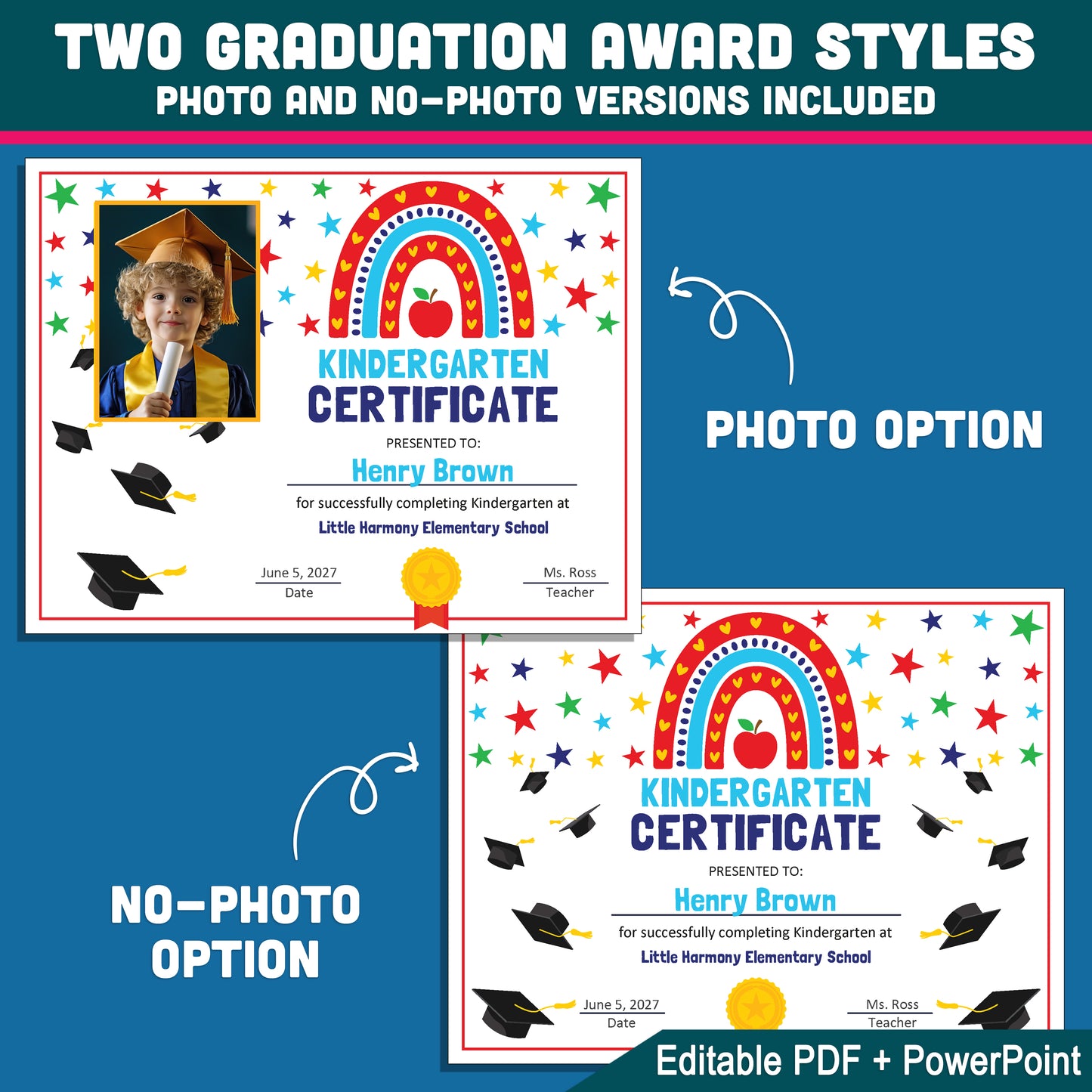 Editable Graduation Certificate Templates for Any Grade, Photo and No-Photo Awards, PDF and PowerPoint, Pre-K to 8th & Beyond
