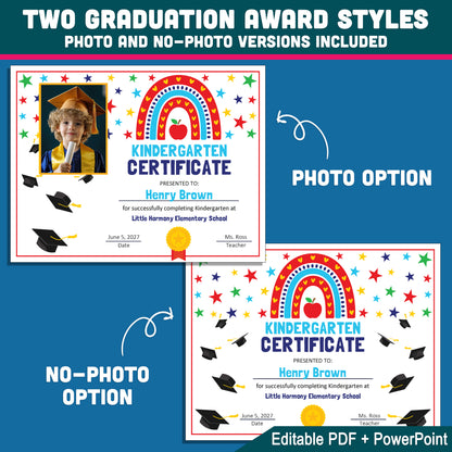 Editable Graduation Certificate Templates for Any Grade, Photo and No-Photo Awards, PDF and PowerPoint, Pre-K to 8th & Beyond
