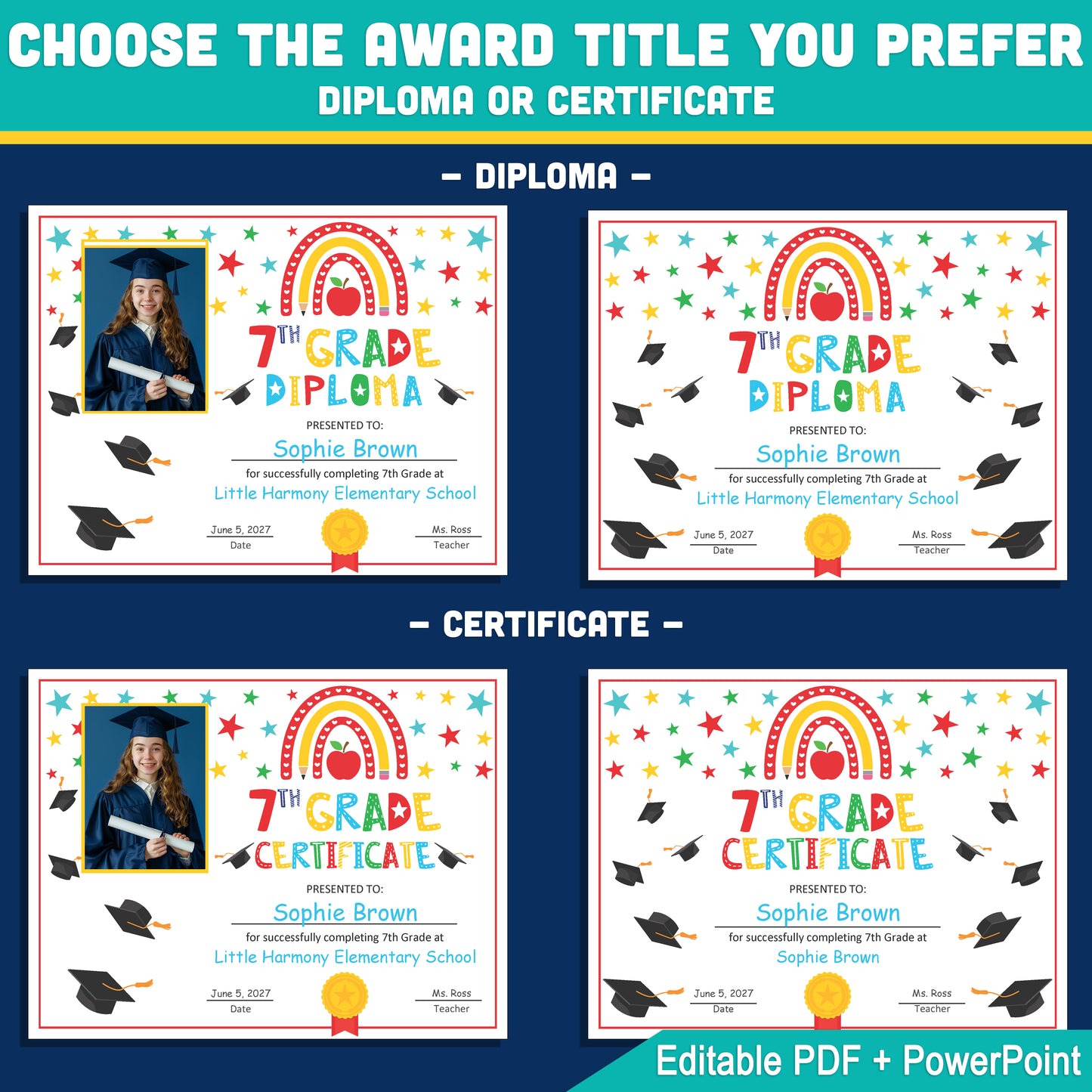Editable 7th Graduation Diploma & Certificate Set, Rainbow Stars Graduation Awards, Photo or No-Photo Options, Edit in PDF, PowerPoint, Canva