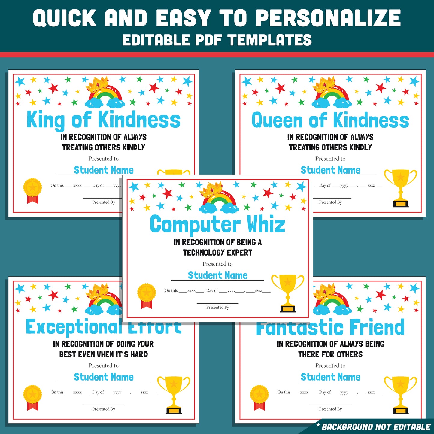 End of School Year Student Awards, Editable Recognition Certificates, 26 Student Awards Pack, Printable Classroom Celebration Materials