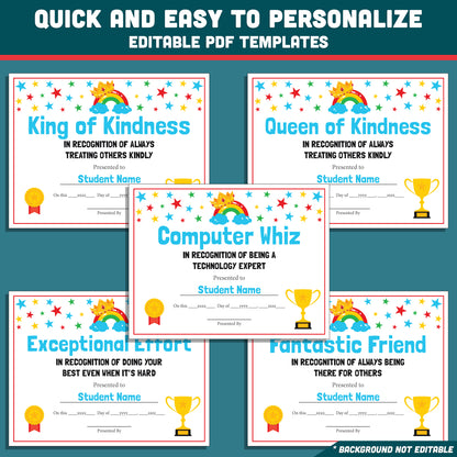End of School Year Student Awards, Editable Recognition Certificates, 26 Student Awards Pack, Printable Classroom Celebration Materials