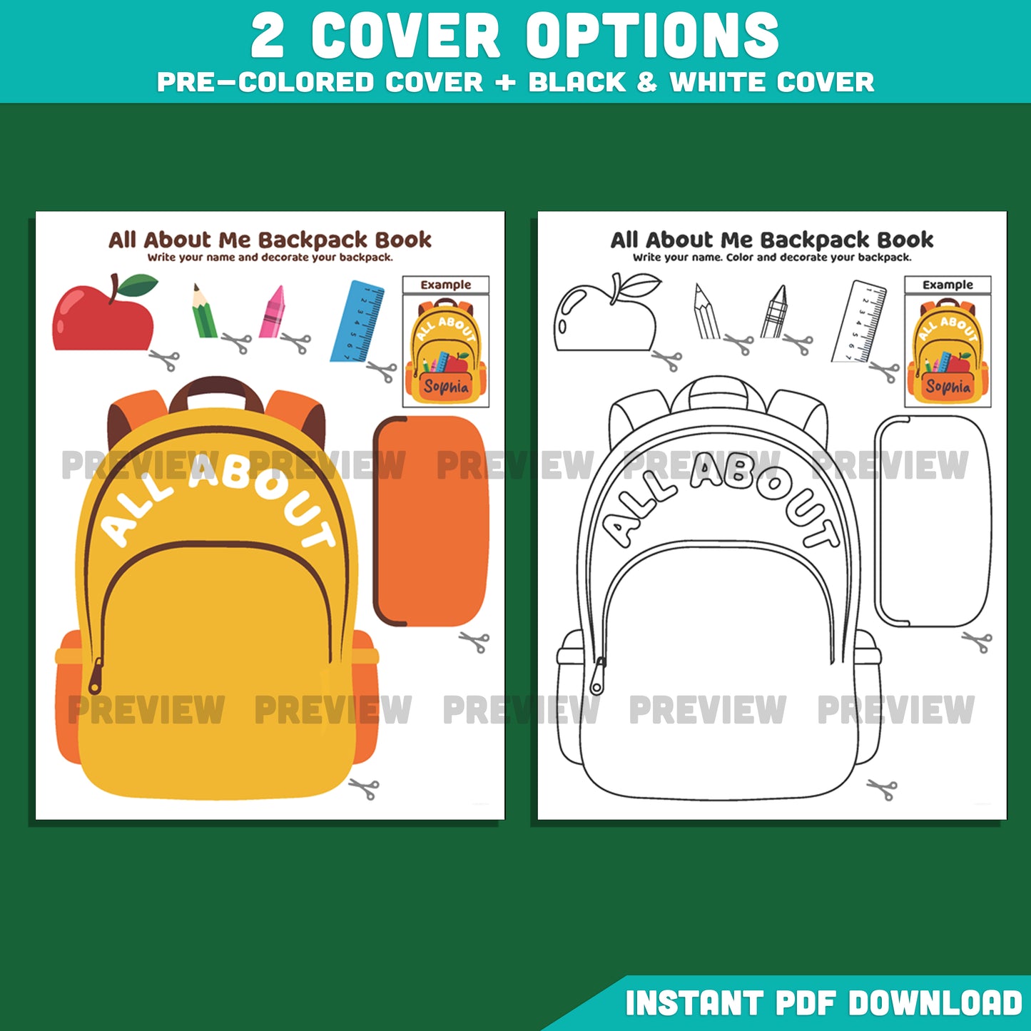 All About Me Backpack Book Craft, Back to School Worksheet, Writing & Craft Activity, 17 Page Student Printable, PDF Download