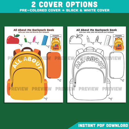 All About Me Backpack Book Craft, Back to School Worksheet, Writing & Craft Activity, 17 Page Student Printable, PDF Download