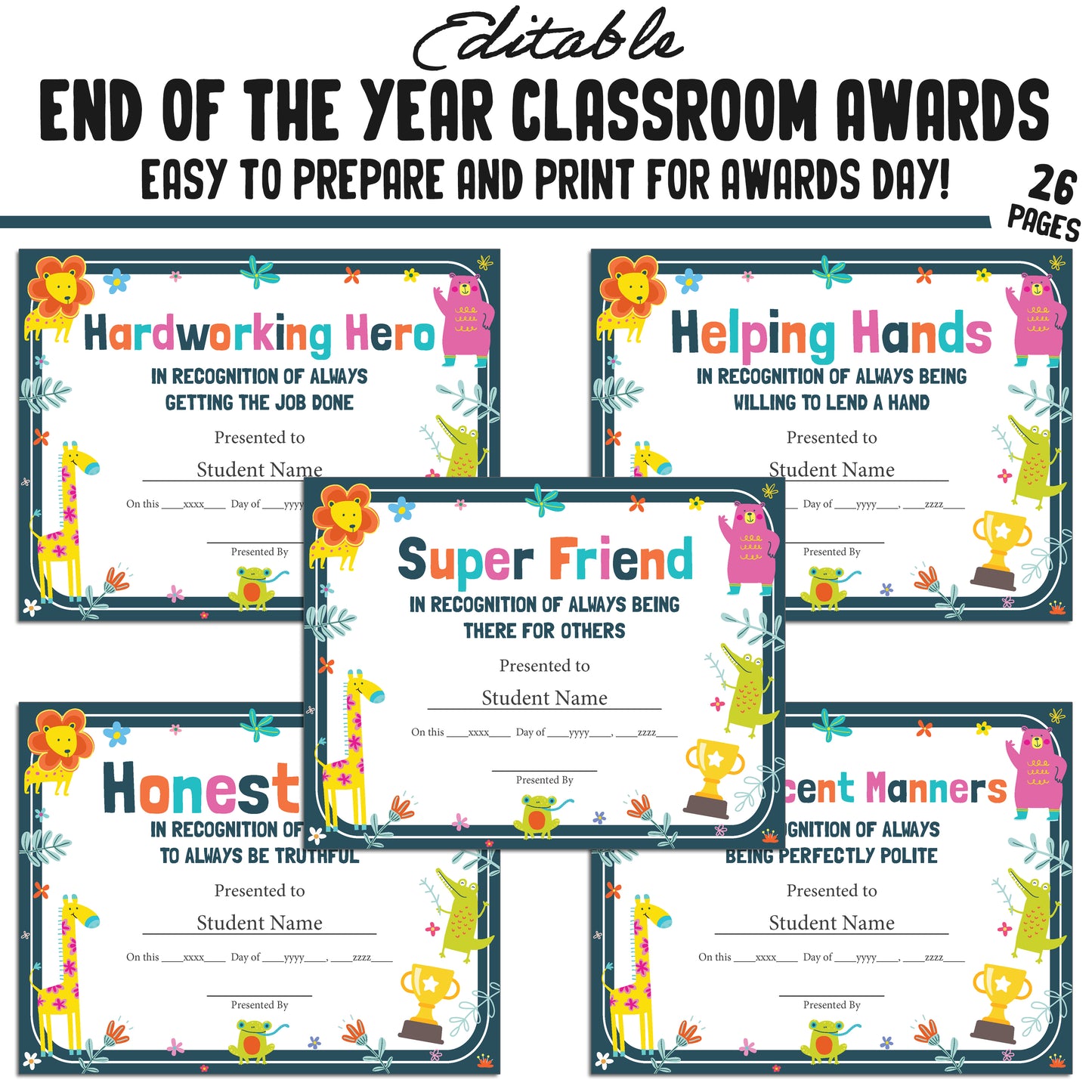 Printable & Editable Class Superlative Fun Classroom Awards for the End of the School Year, 26 Pages, PDF, Instant Download