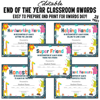 Printable & Editable Class Superlative Fun Classroom Awards for the End of the School Year, 26 Pages, PDF, Instant Download