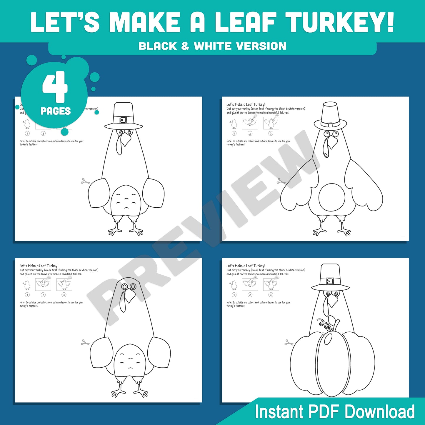 Printable Autumn Leaf Turkey Crafts, Thanksgiving Paper Craft Templates, Let’s Make a Colorful Turkey with Real Fall Leaves! 4 Designs, 8 Pages, PDF