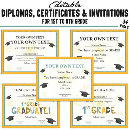 34 Editable First Grade Diplomas, 1st-8th Grade Certificates, Diplomas & Invitation Templates, Golden and Green-Themed, PDF