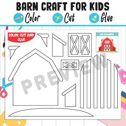 Barn Craft for Kids: Color, Cut, and Glue, a Fun Activity for Pre K to 2nd Grade, PDF Instant Download