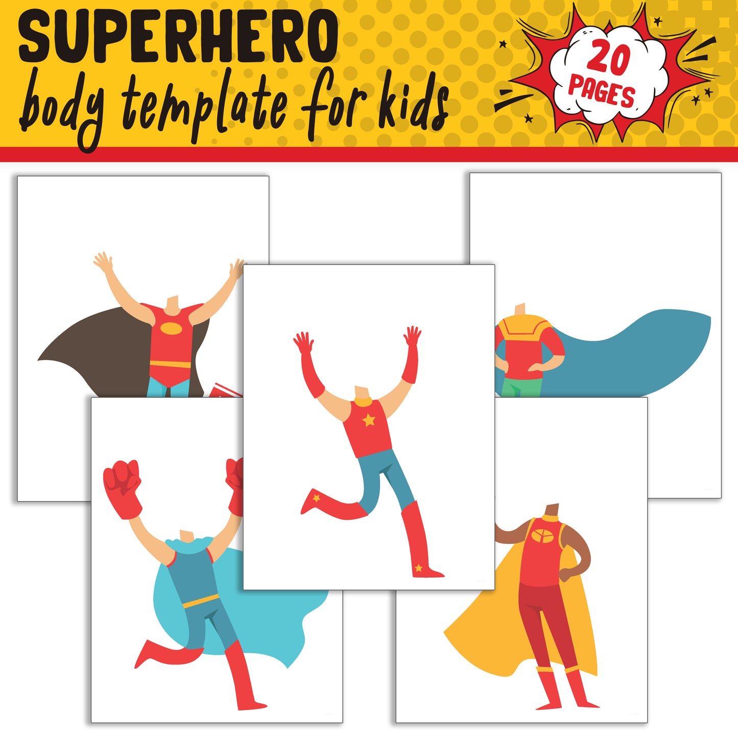 Superhero Body Template Set with Customizable Faces, 20 Pages, PDF, Instant Download for Kids (PreK to 6th Grade)