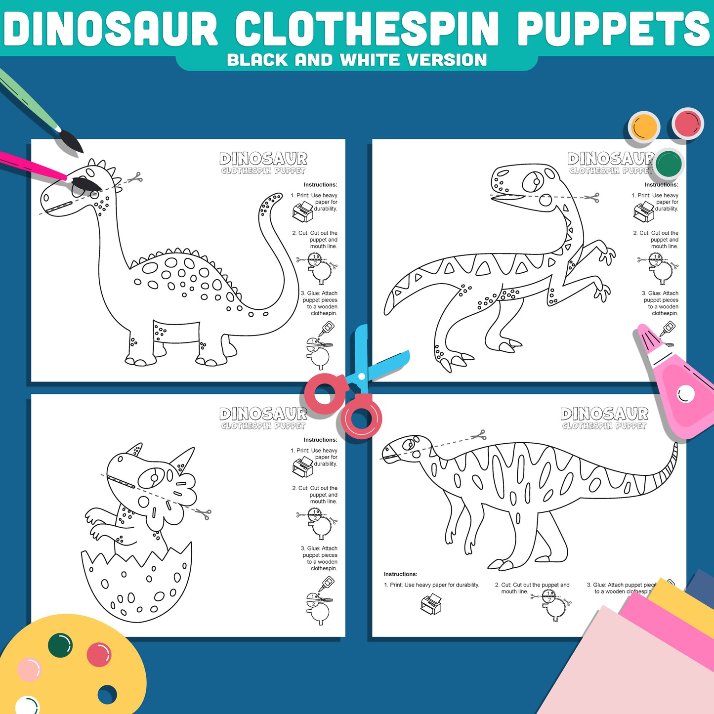 Dinosaur Puppet Craft, Movable Dinosaur Craft Activity, Printable Clothespin Puppet Templates for Kids PDF