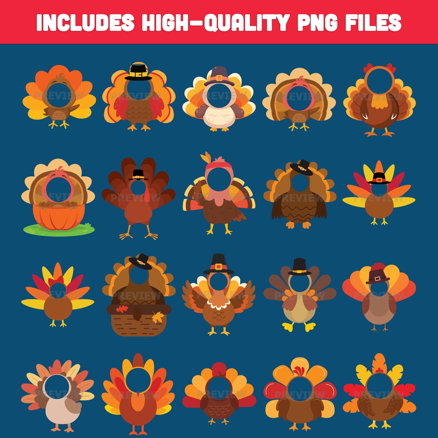 Printable Thanksgiving Turkey Body Templates for Kids, 20 Cute Fall Crafts, High Resolution 300 DPI PDF + PNG Files, Fun Add Your Own Face Activity, Instant Download