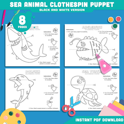 Sea Animal Puppets Craft: 8-Page Clothespin Printable with 4 Designs in Pre-Colored & Black & White Versions for Fun Playtime Activities