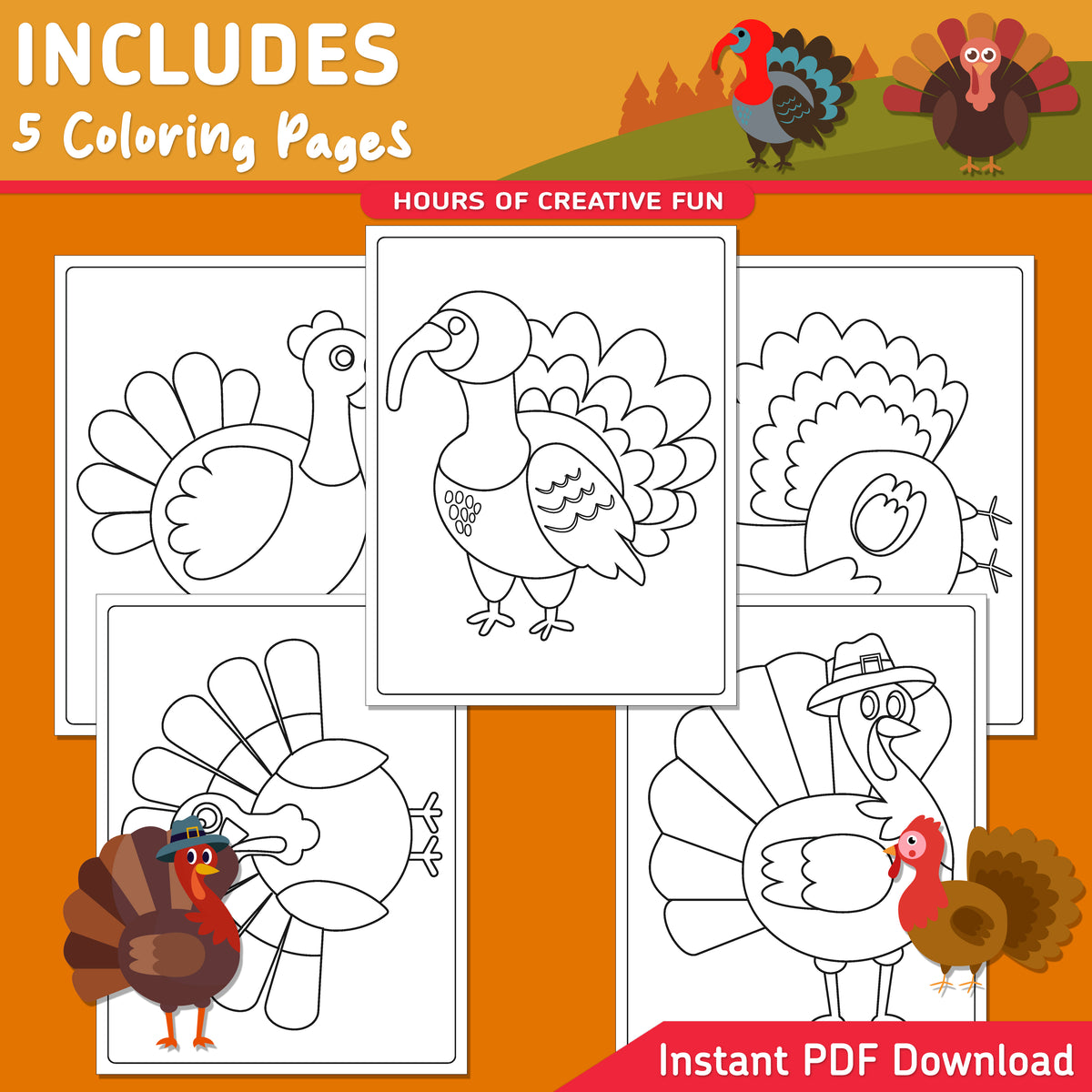 How to Draw a Turkey, Thanksgiving Directed Drawing, 6 Steps + 5 Coloring Pages