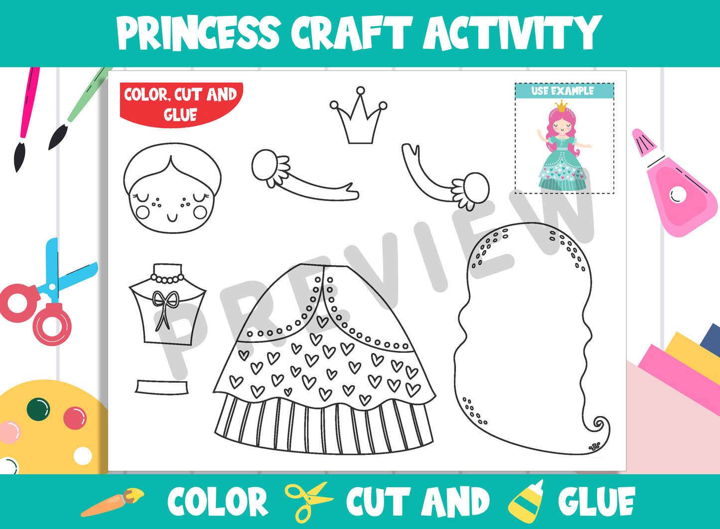 Princess Craft Activity : Color, Cut, and Glue for PreK to 2nd Grade, PDF File, Instant Download