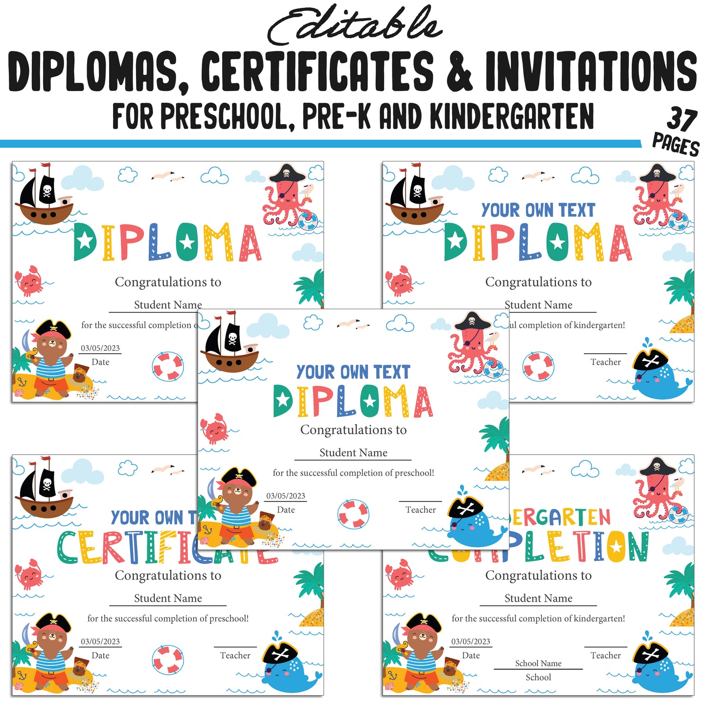 Printable / Editable Kindergarten, Pre-K, Preschool Completion Certificates, Diplomas & Invitations, PDF Files, Instant Download