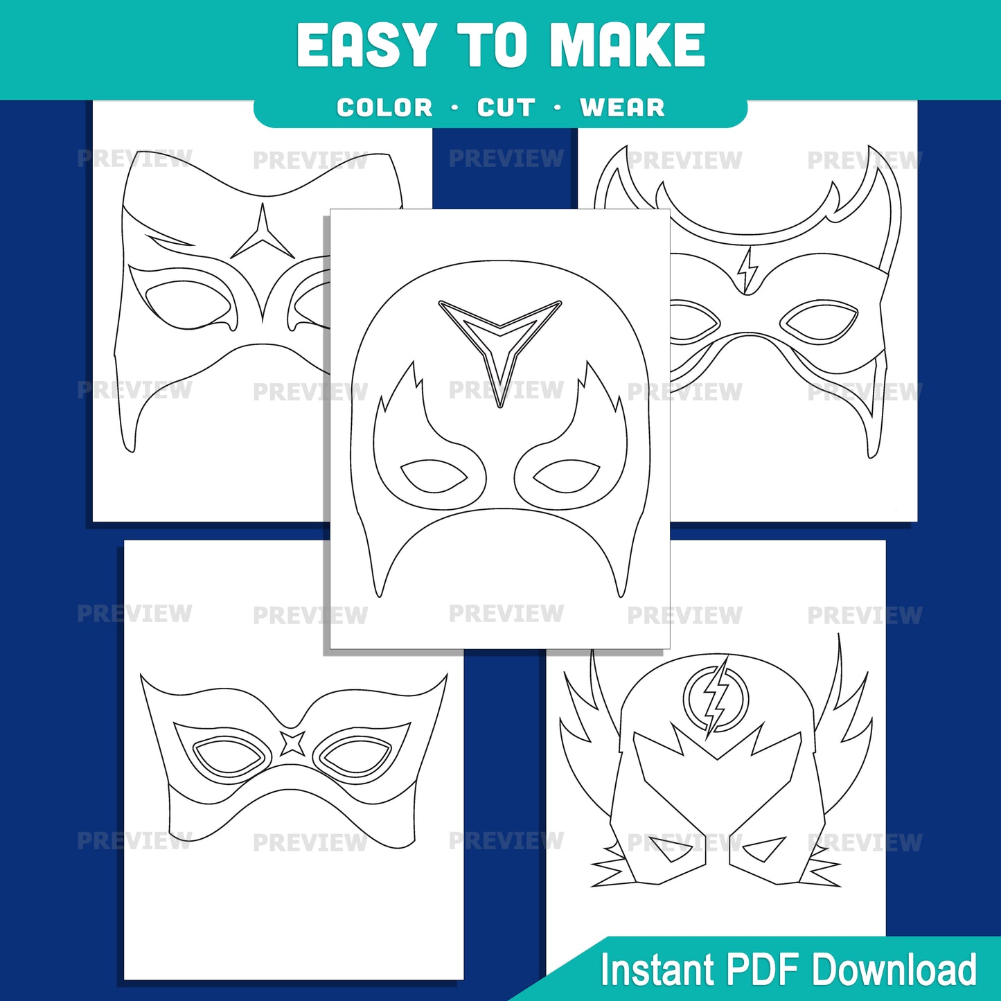 Superhero Mask Craft, Color Your Own Printable Masks, Color, Cut & Wear Activity, Printable Kids Craft, 10 Fun Masks, US Letter, A4