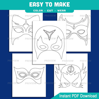 Superhero Mask Craft, Color Your Own Printable Masks, Color, Cut & Wear Activity, Printable Kids Craft, 10 Fun Masks, US Letter, A4
