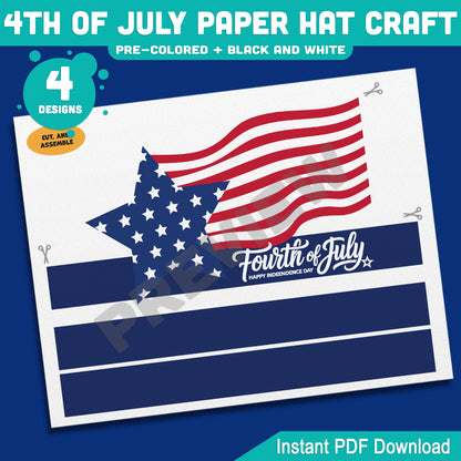 4th of July Paper Hat Craft, Patriotic Wearable Craft Activity for Kids, Printable Independence Day Party Hat Templates