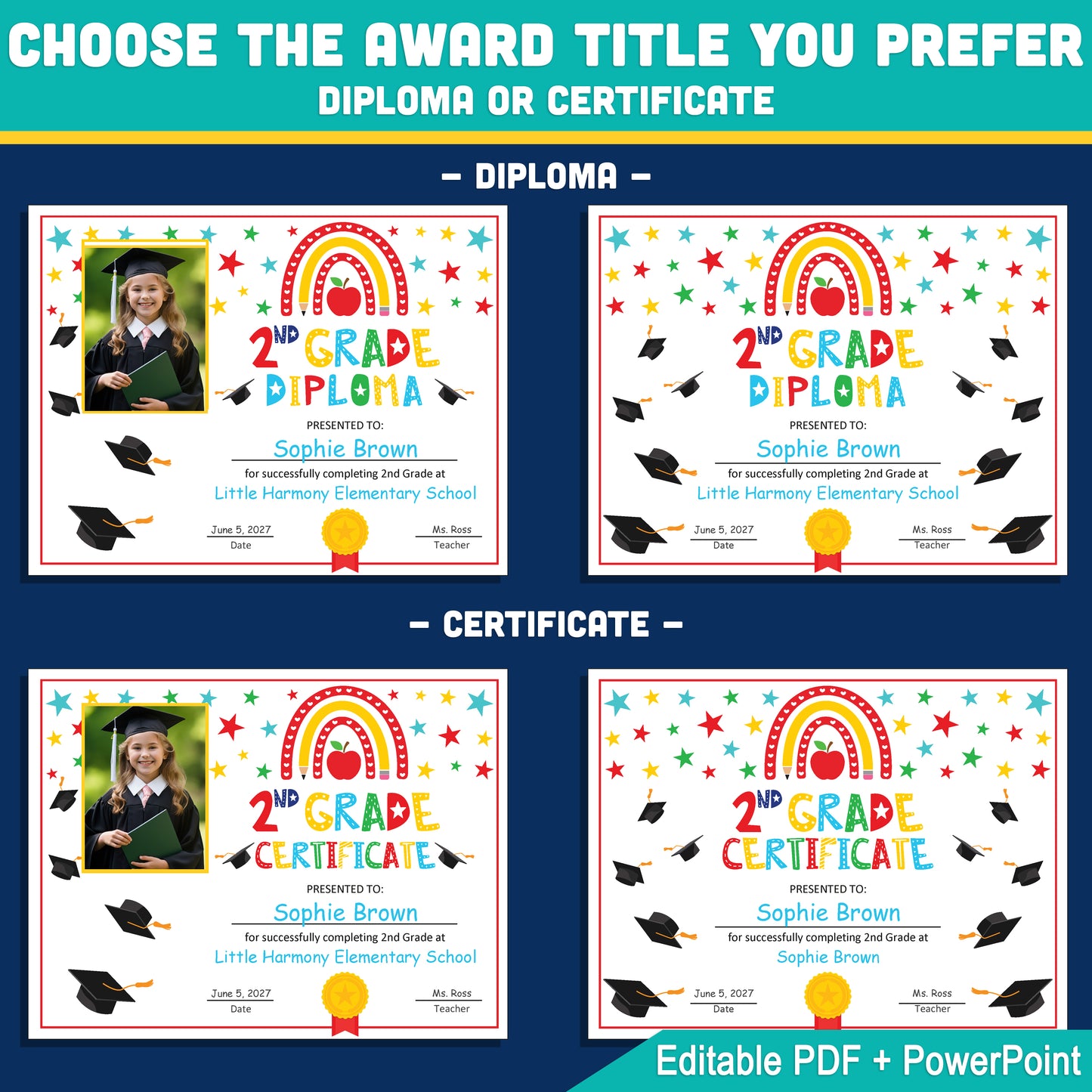 Editable 2nd Graduation Diploma & Certificate Set, Printable Rainbow Stars Awards, Photo and No-Photo Options, PDF, PowerPoint, Canva