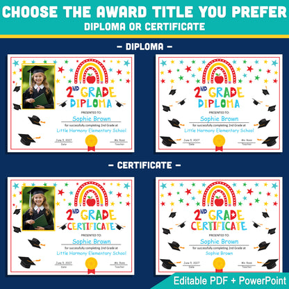 Editable 2nd Graduation Diploma & Certificate Set, Printable Rainbow Stars Awards, Photo and No-Photo Options, PDF, PowerPoint, Canva
