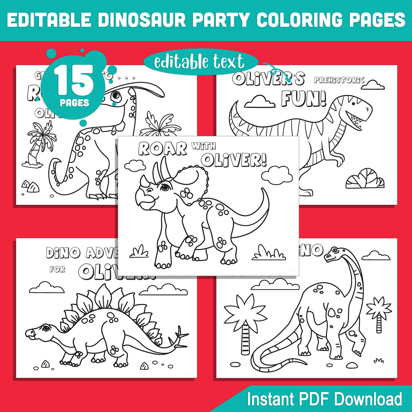 Fun Dinosaur Birthday Coloring Pages: 15 Printable Party Sheets, Perfect for Kids’ Dino-Themed Celebrations - Editable PDF File, Instant Download