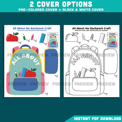 All About Me Backpack Craft, Getting to Know You Worksheet, First Week Back to School Project, Student Printable PDF