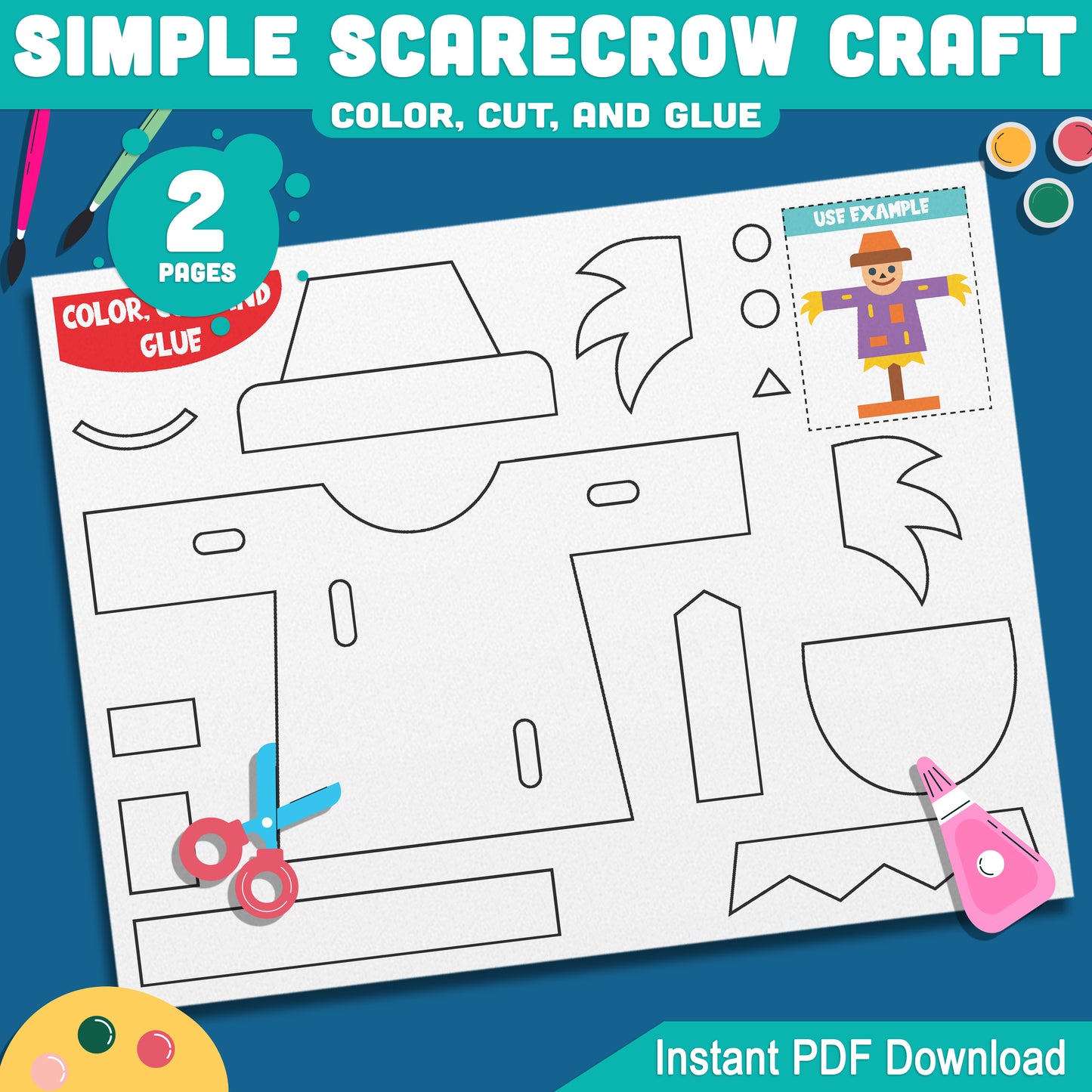 Simple Scarecrow Craft for Preschool, Pre-K, Kindergarten, Easy Color Cut and Glue Fall Activity, Pre-Colored + Black & White, Instant PDF Download